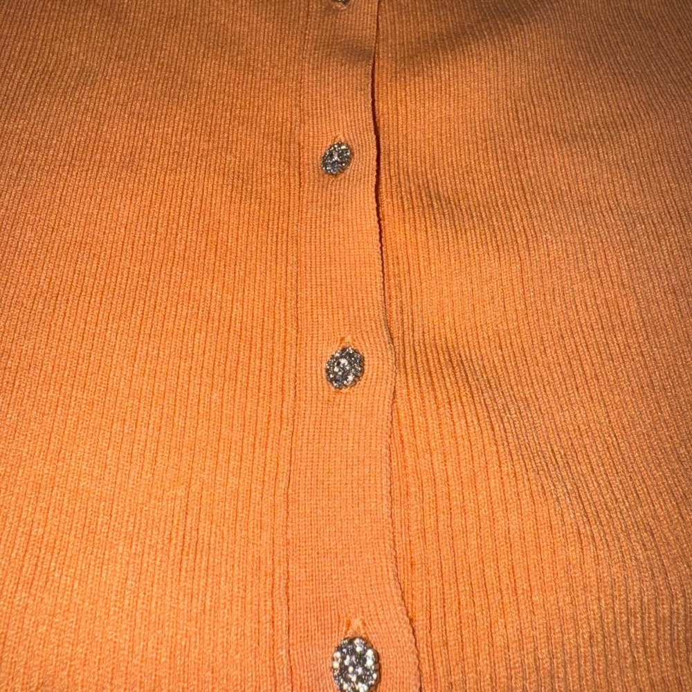 ZARA Ribbed Cardigan Sweater‎ Women's M Orange Rhinestone Short Sleeve - Picture 6 of 10